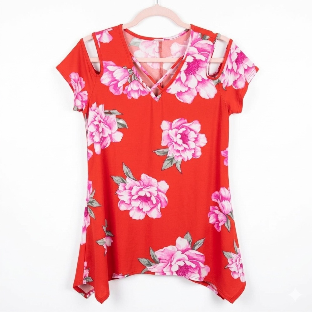 Vibrant Red Floral Print Cold Shoulder Tunic Top Measures a Medium